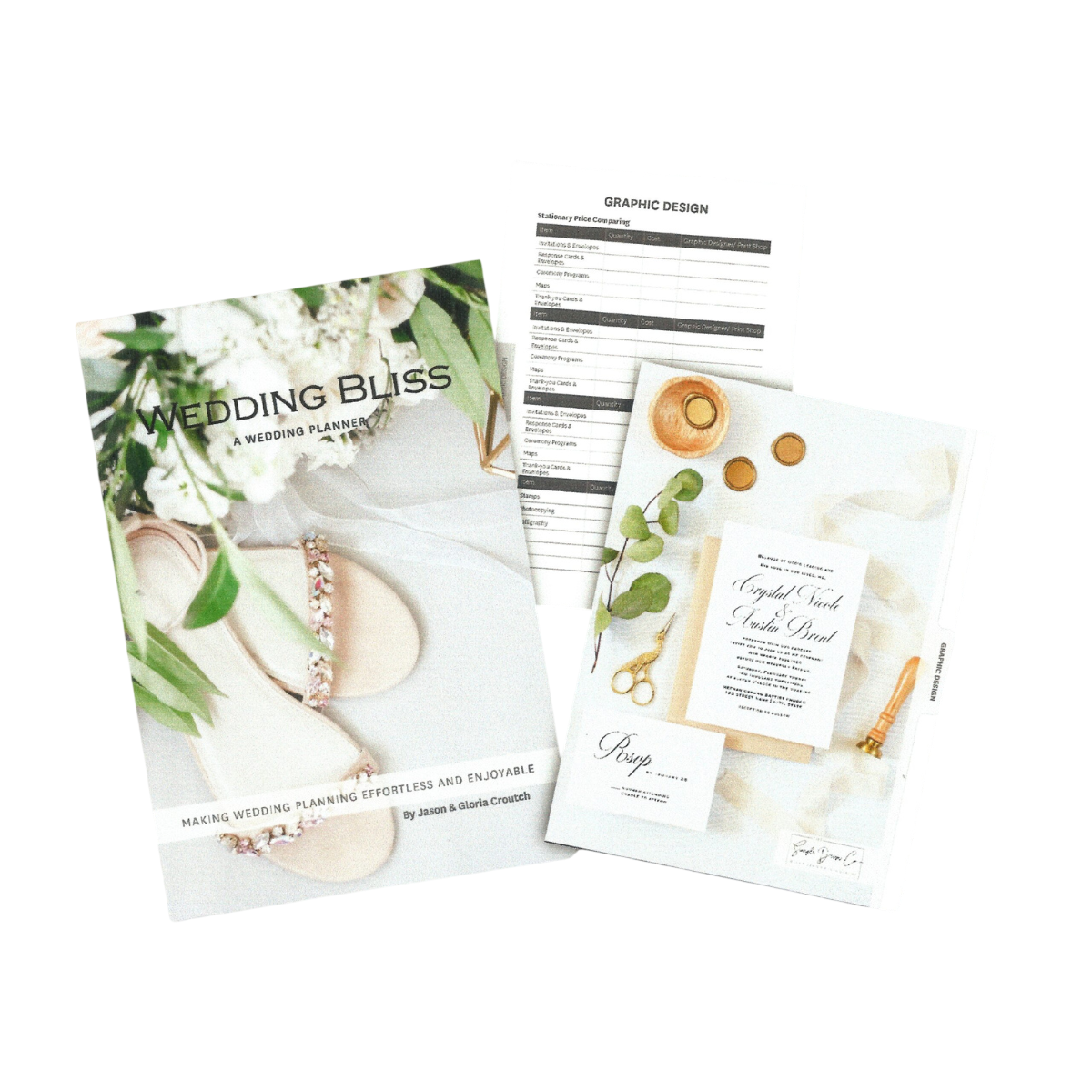 Wedding planning book titled "Wedding Bliss" with floral decorations, scissors, and a wedding invitation.