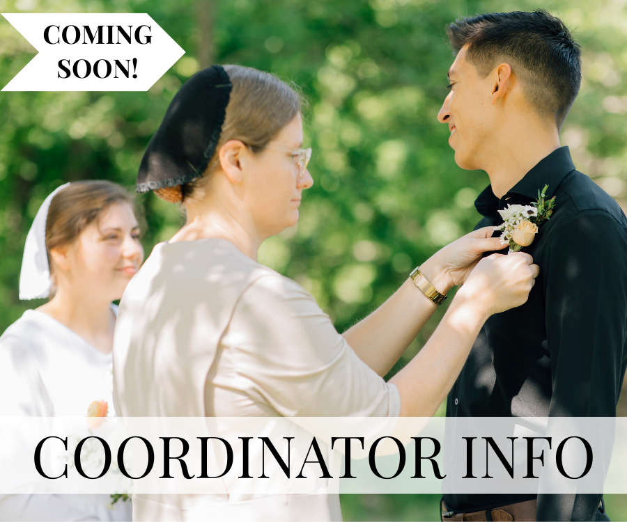 A woman pinning a boutonniere on a man's lapel during a wedding ceremony in an outdoor setting with green trees. A bridesmaid is visible in the background. The image has a "Coming Soon!" banner and a "Coordinator Info" label.