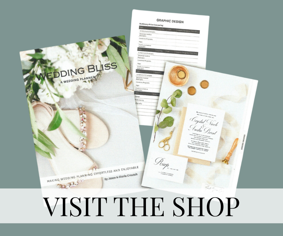 A wedding planning magazine titled "Wedding Bliss" featuring a white bridal shoe with a pink and white floral bracelet, a sheet of graphic design and pricing details, and another magazine page with wedding invitations and decorative items, with the text "Visit the Shop" at the bottom.
