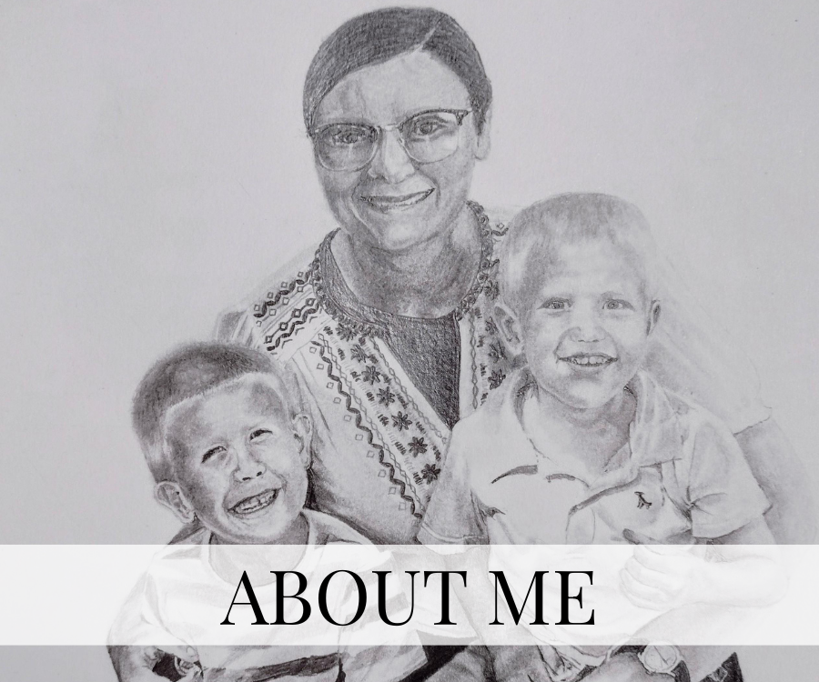 A detailed pencil drawing of a woman with short hair, glasses, and a patterned shirt, smiling with two young boys who are also smiling.