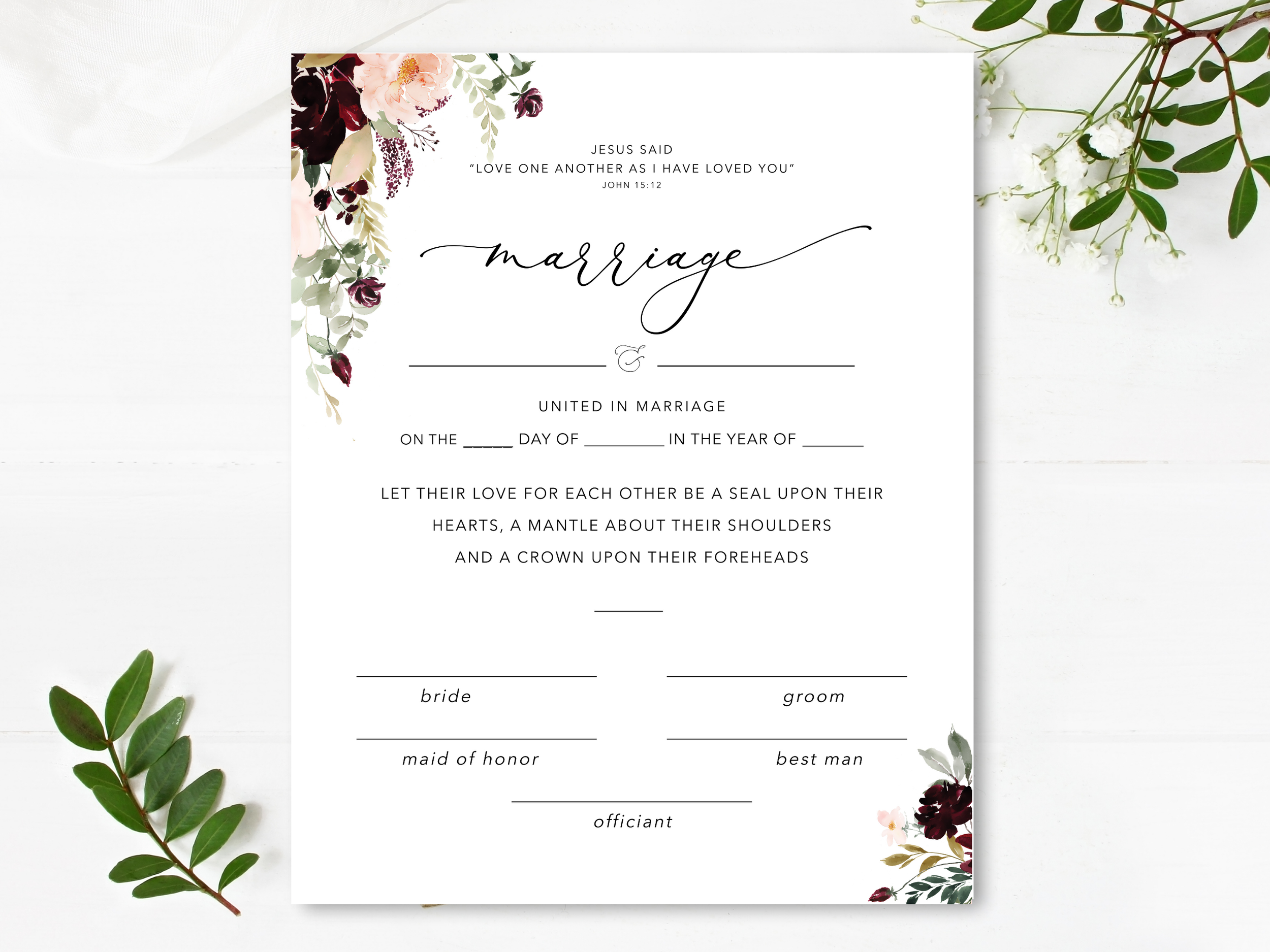 Marriage Certificate – Burgundy Floral Design (Version 1)