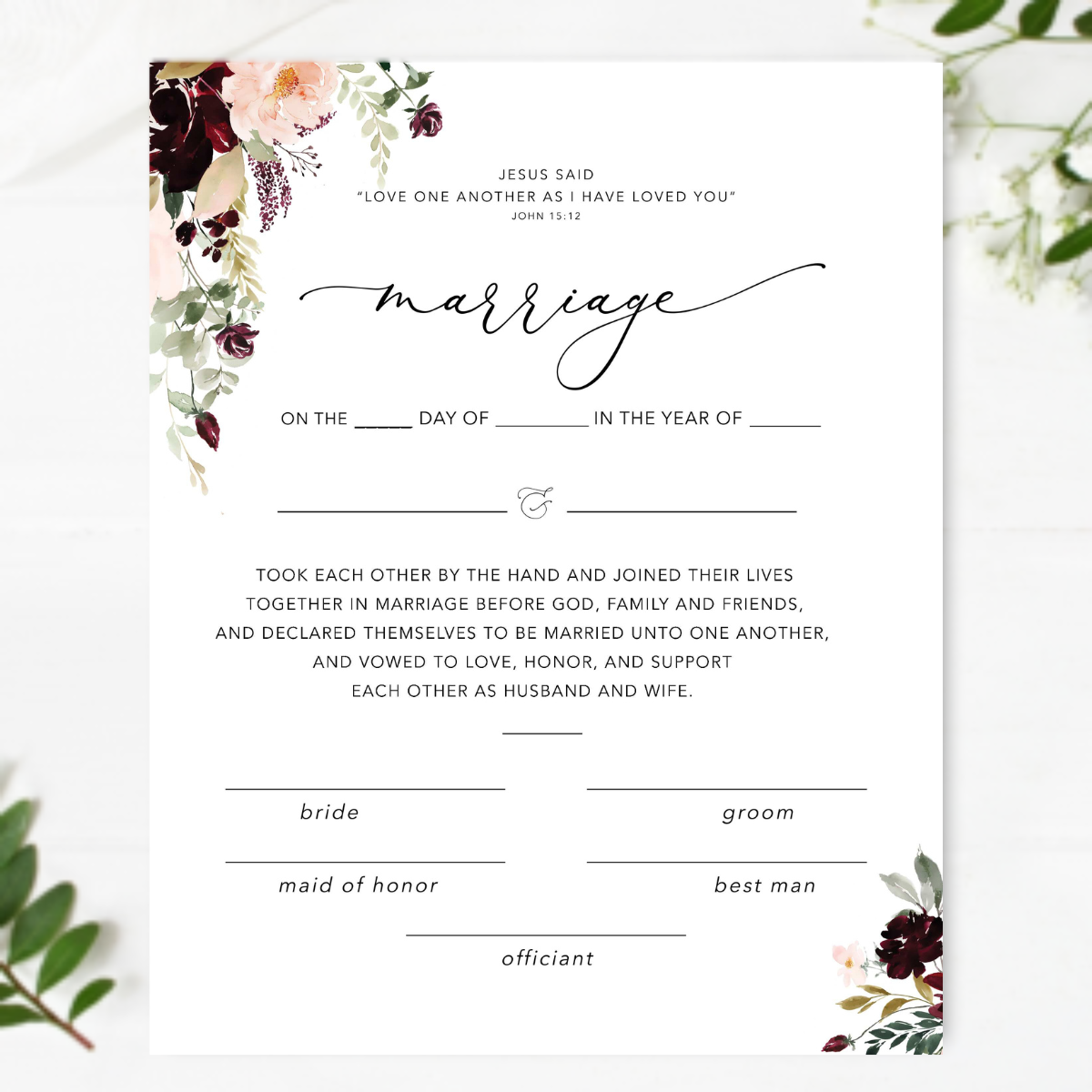 Marriage Certificate – Burgundy Floral Design (Version 2)