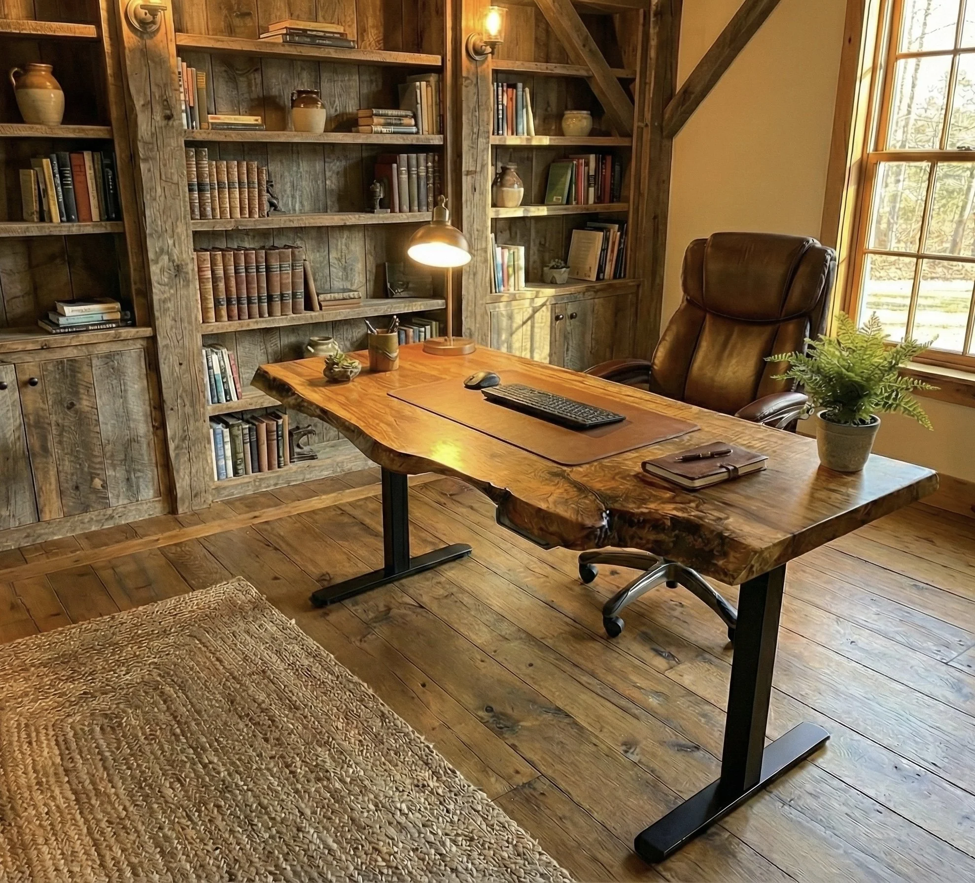 A cozy office with a large wooden desk, a leather office chair, and a bookshelf filled with books and decor. Sunlight streams through a window, illuminating the room and a potted plant on the desk.