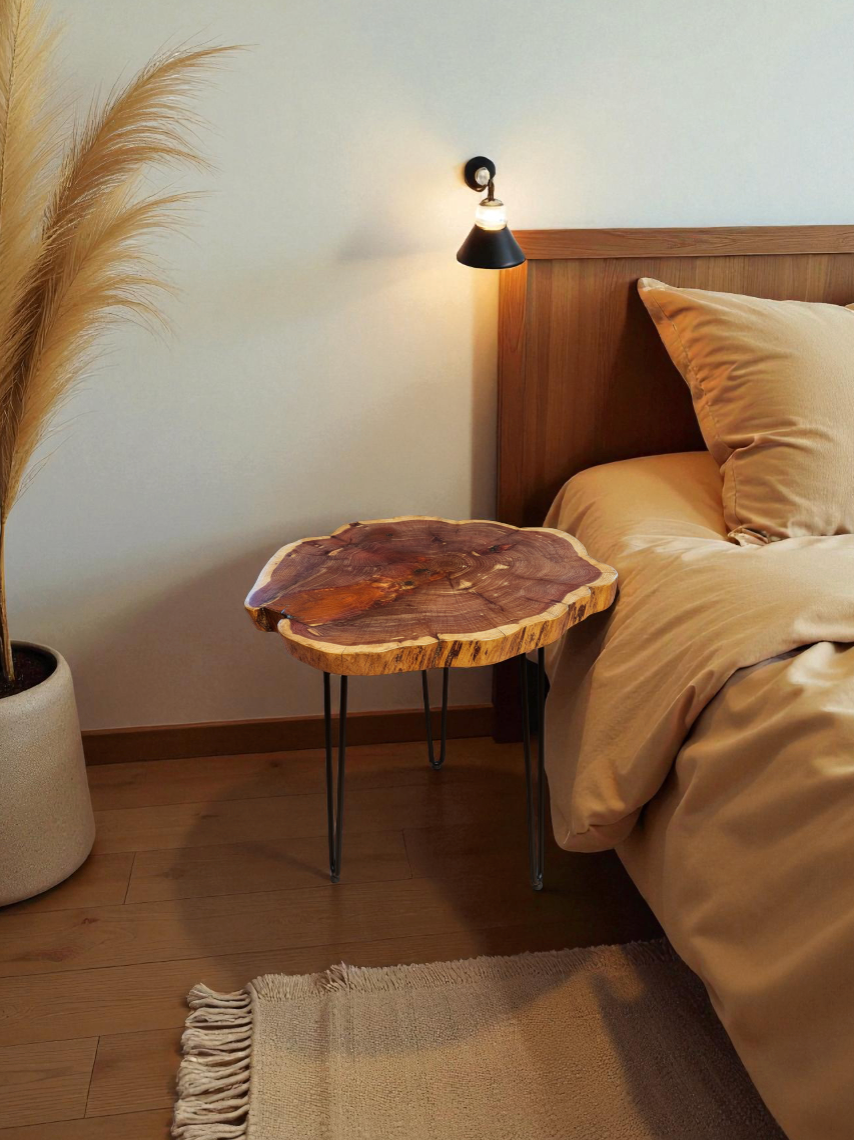 A bedroom corner with a wooden bed, beige pillows and bedsheets, a wooden side table with a natural wood slab top and black metal hairpin legs, a wall-mounted black lamp above the table, a tall beige pot with pampas grass on the left, and a small bei