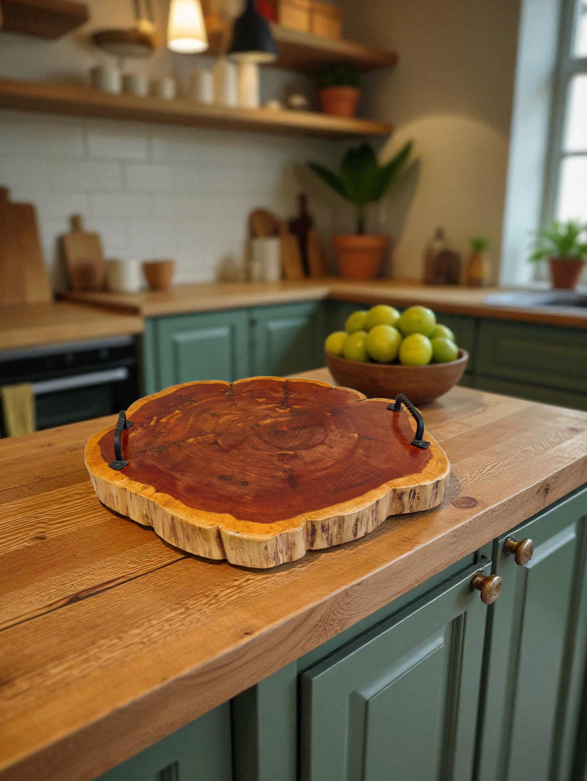 A wooden kitchen countertop with a large raw wood serving board and a bowl of green apples, with green kitchen cabinets and shelves in the background.