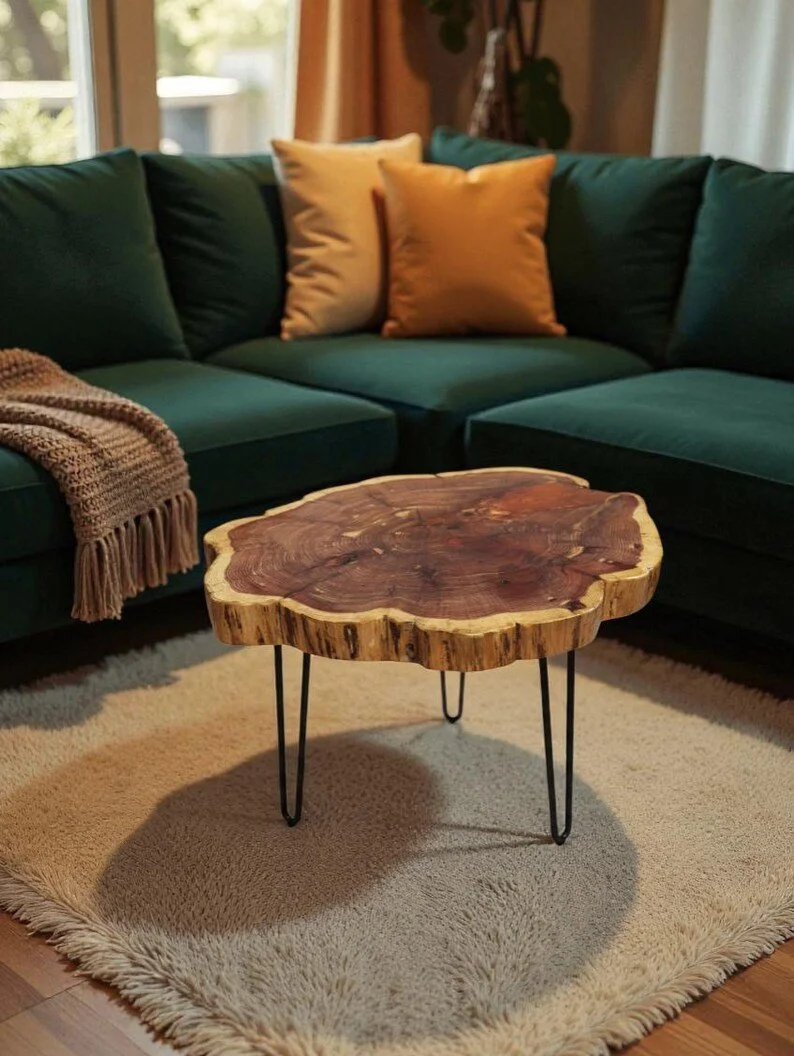 A living room with a green sectional sofa, beige and orange pillows, a beige knitted throw blanket, a wooden coffee table with hairpin metal legs, a cream-colored area rug, and a window with curtains in the background.