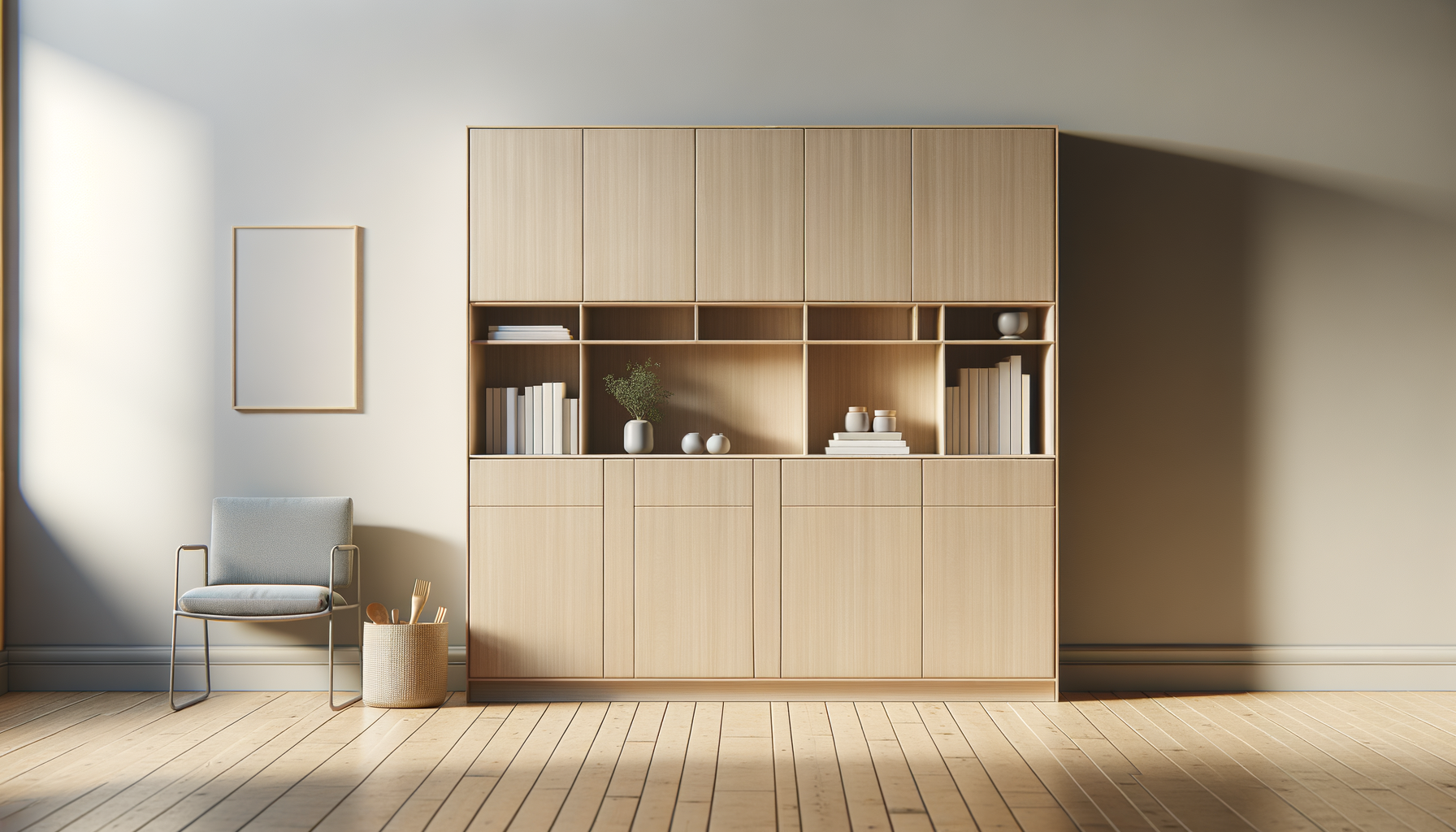 Minimalist living room with a light wood cabinet, a gray armchair, and a woven basket with utensils. Soft sunlight streams in, casting shadows on a plain wall.
