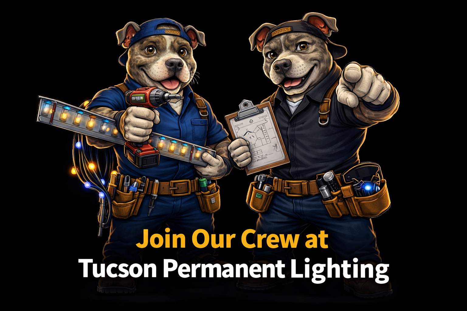 Two animated dogs dressed as construction workers, one holding a power drill and string of lights, the other pointing and holding a blueprint, with text that says "Join Our Crew at Tucson Permanent Lighting."
