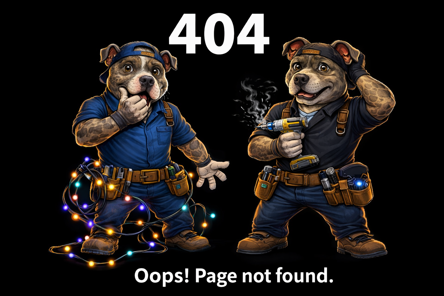 Cartoon dogs dressed as electricians with tools, one tangled in colorful holiday lights, standing against a black background with '404' and 'Oops! Page not found' text.