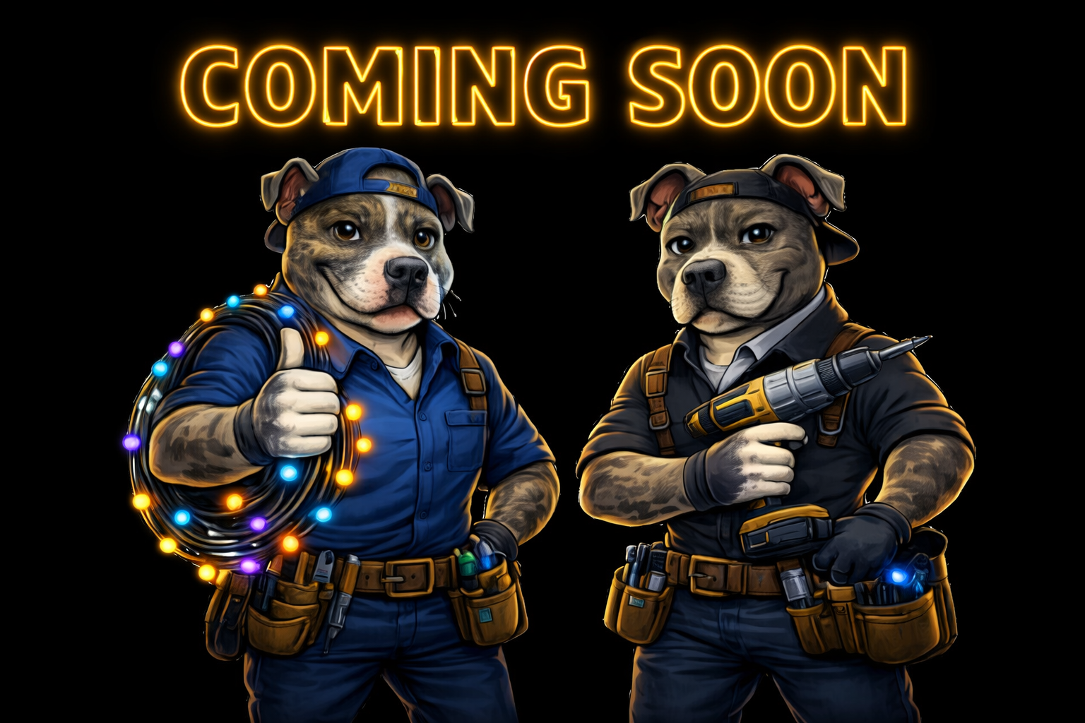 Two animated dogs dressed as construction workers, one holding a coil of colorful lights and the other holding a cordless drill, with a glowing 'Coming Soon' sign above them.