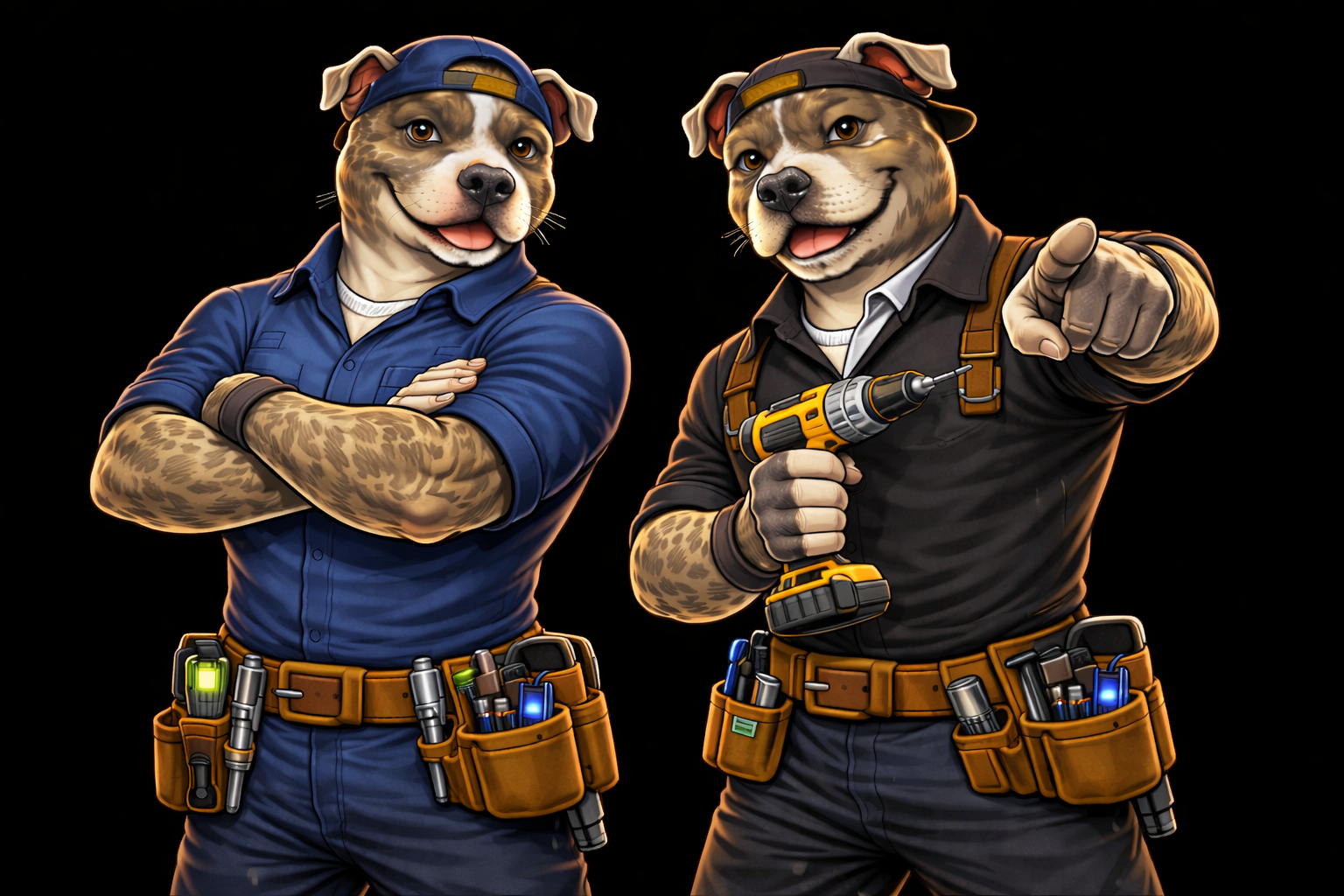 Two anthropomorphic dogs dressed as construction workers with tool belts standing against a black background.