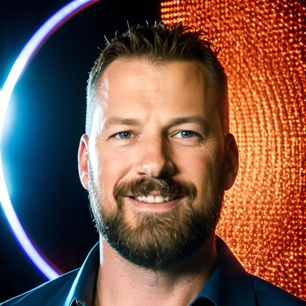 A smiling man with a beard and blue eyes, standing in front of a colorful, illuminated background at night.