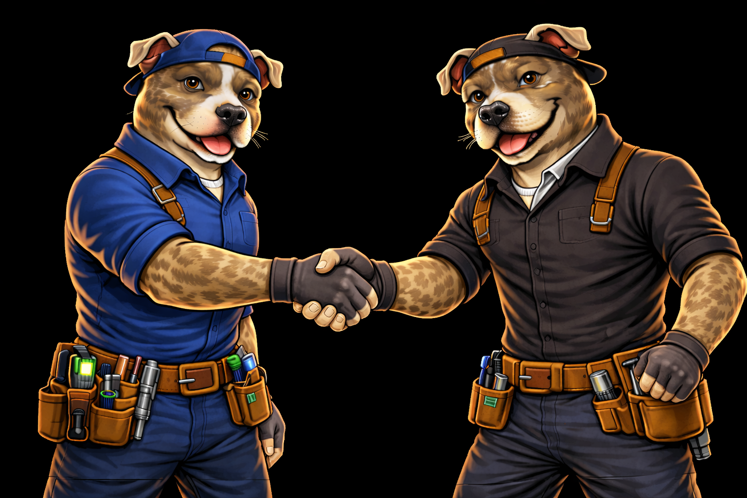 Two anthropomorphic dogs dressed as construction workers shaking hands, wearing tool belts and work clothes, against a black background.