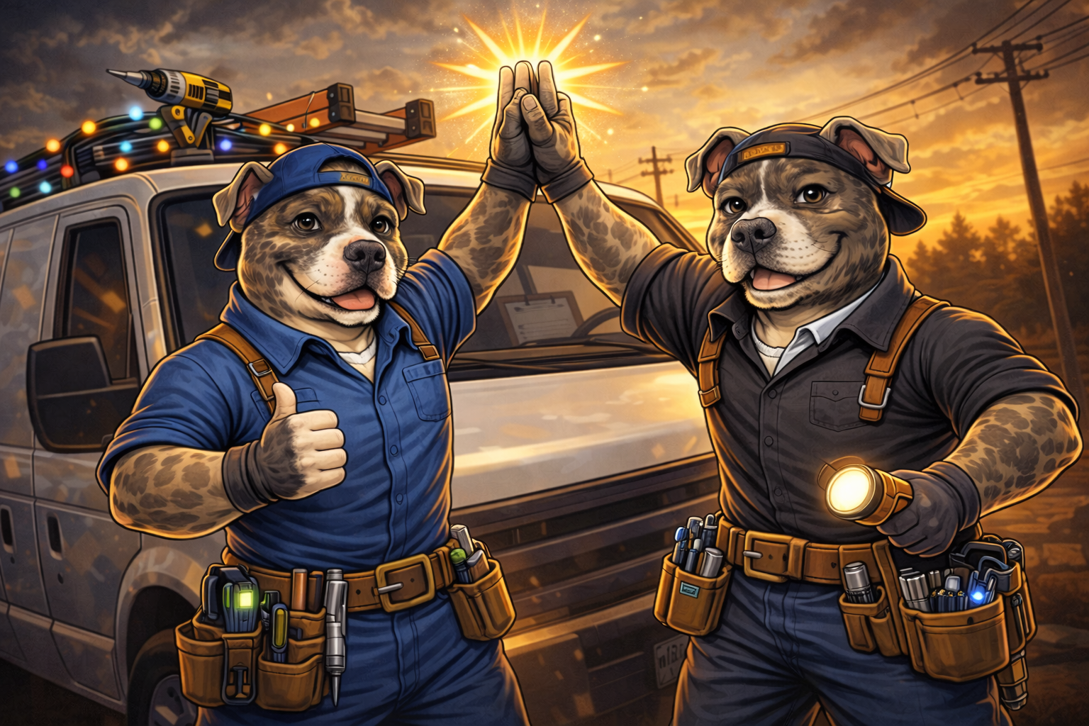 Two anthropomorphic dogs dressed as firefighters giving each other a high five in front of a fire truck at sunset.