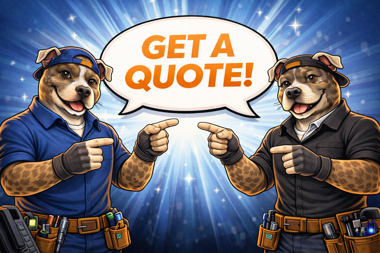 Two anthropomorphic dogs with muscular arms dressed as construction workers pointing at each other, with a speech bubble in the center saying 'GET A QUOTE!'. The background features a blue burst pattern and stars.