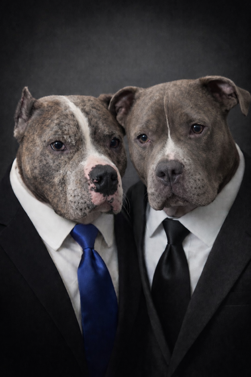 Two dogs with human bodies dressed in suits and ties, posing against a dark background.