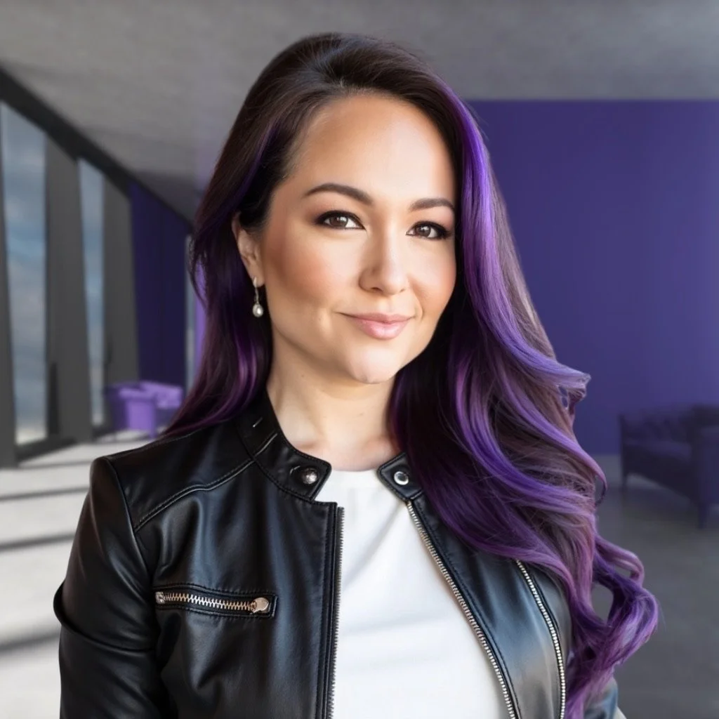 A woman with long wavy purple hair and pearl earrings, wearing a black leather jacket and white shirt, standing in a modern indoor setting with purple and gray decor.
