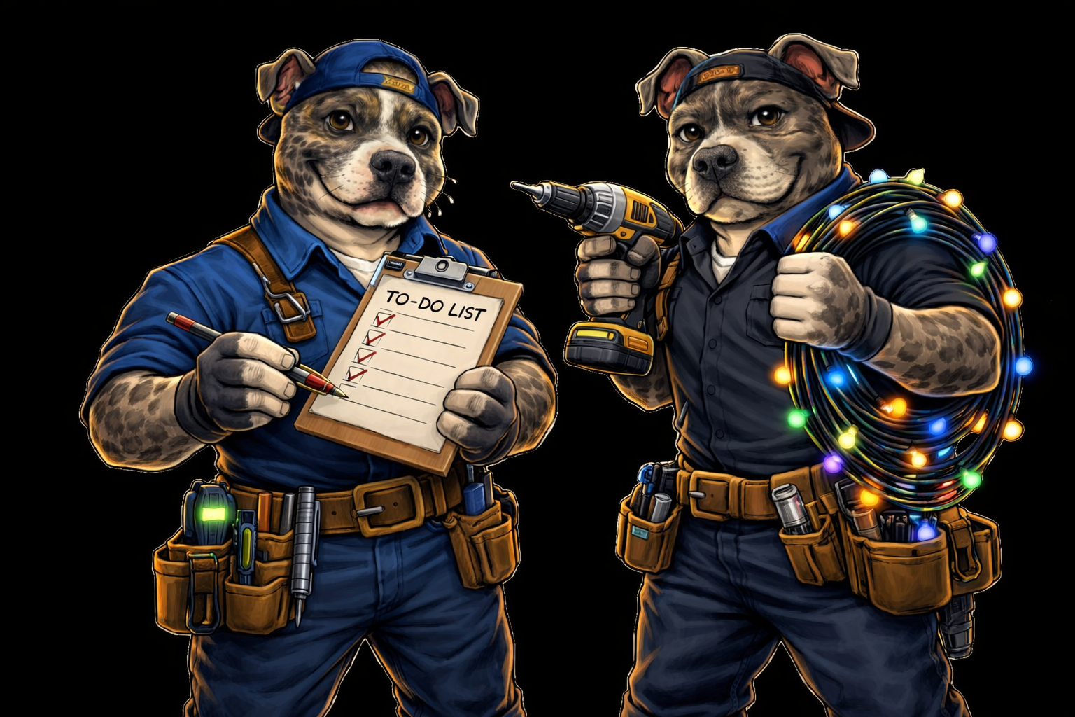 Anthropomorphic dogs dressed as construction workers posing with tools and holiday lights on a black background.