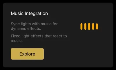 Screen displaying a music integration feature with options to sync lights to music and explore.