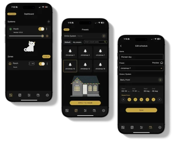 Three smartphones displaying a home automation app interface. The first shows a scene called Porch with toggle switches, the second shows preset configurations like Christmas themes, and the third shows editing a schedule for a Christmas preset.