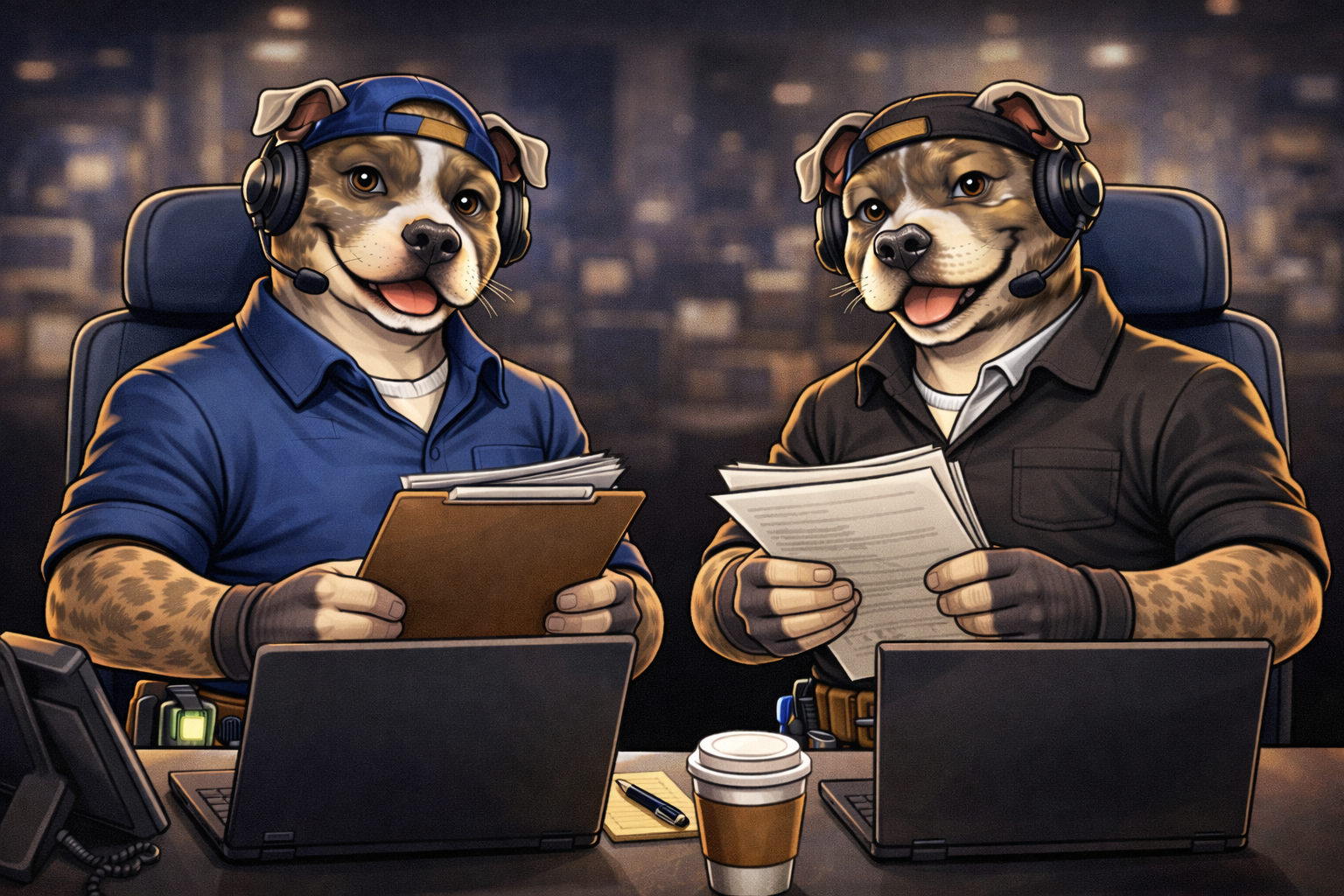 Two anthropomorphic dogs with human bodies and dog heads working at a desk in an office. They are wearing headsets, casual shirts, and holding documents, with laptops and coffee cups on the desk.