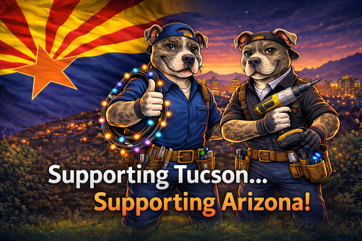 Two animated dogs dressed as construction workers with tools, standing in front of a Tucson cityscape at sunset, with a large Arizona flag in the background. The text says 'Supporting Tucson... Supporting Arizona!'.