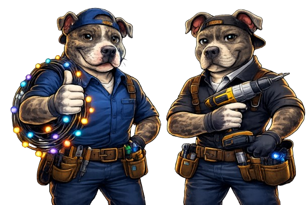 Two anthropomorphic dogs dressed as construction workers, with one holding a drill and the other giving a thumbs-up while holding a string of colorful holiday lights.