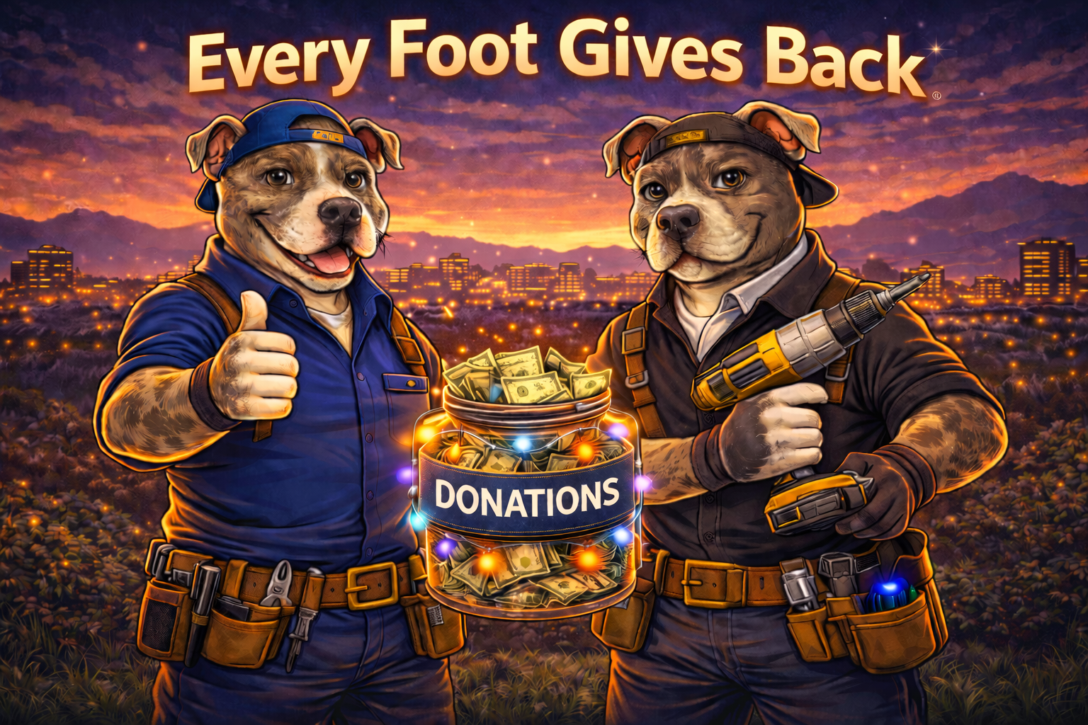 Two anthropomorphic dogs dressed as construction workers holding a jar labeled 'Donations' filled with cash, set against a cityscape at sunset with the text 'Every Foot Gives Back' at the top.