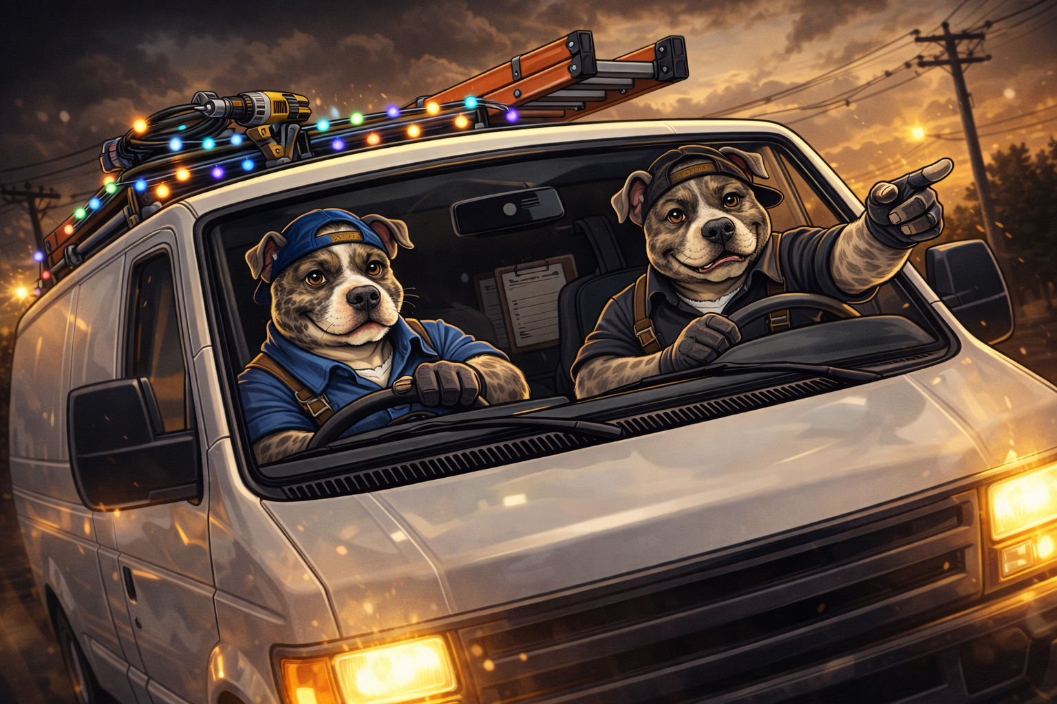 Two dogs dressed as construction workers in a van at sunset, with one dog pointing forward, and the van loaded with holiday lights and tools.