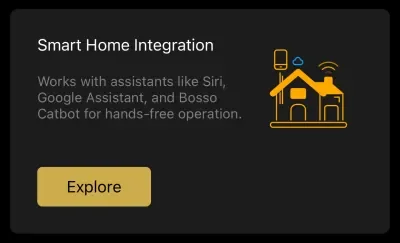 A digital advertisement for smart home integration, mentioning compatibility with Siri, Google Assistant, and Bosso Catbot for hands-free operation, with an 'Explore' button.