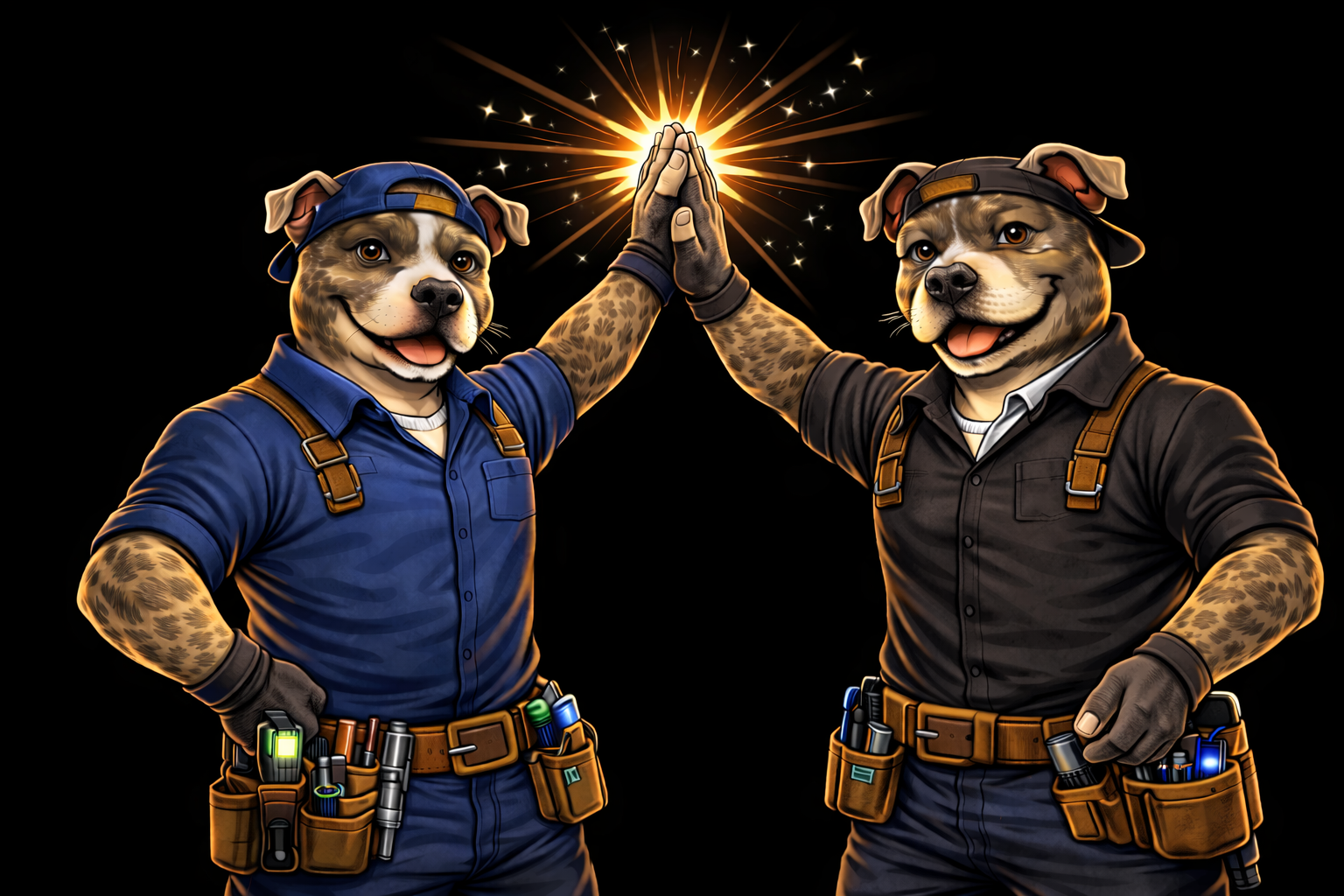 Two anthropomorphic dogs dressed as construction workers giving a high five with a shining explosion effect between their hands.