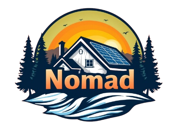 A logo featuring a house with solar panels in a nature setting with trees, a sunset background, and stylized water or waves beneath. The word 'Nomad' is prominently displayed in bold orange letters.