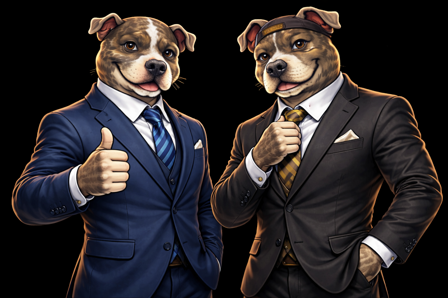 Two anthropomorphic dogs dressed in business suits, one giving a thumbs up and the other adjusting his tie, against a black background.