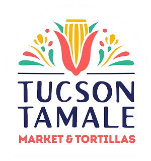 Logo for Tucson Tamale featuring a stylized tamale with colorful decorative elements and text.