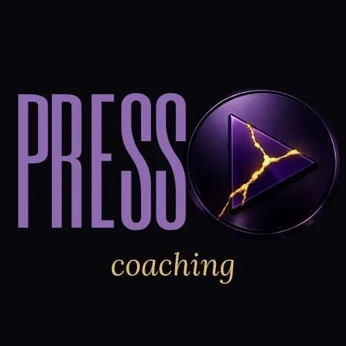 Graphic with the word 'PRESS' in large purple letters, a play button icon with lightning, and the word 'coaching' underneath.