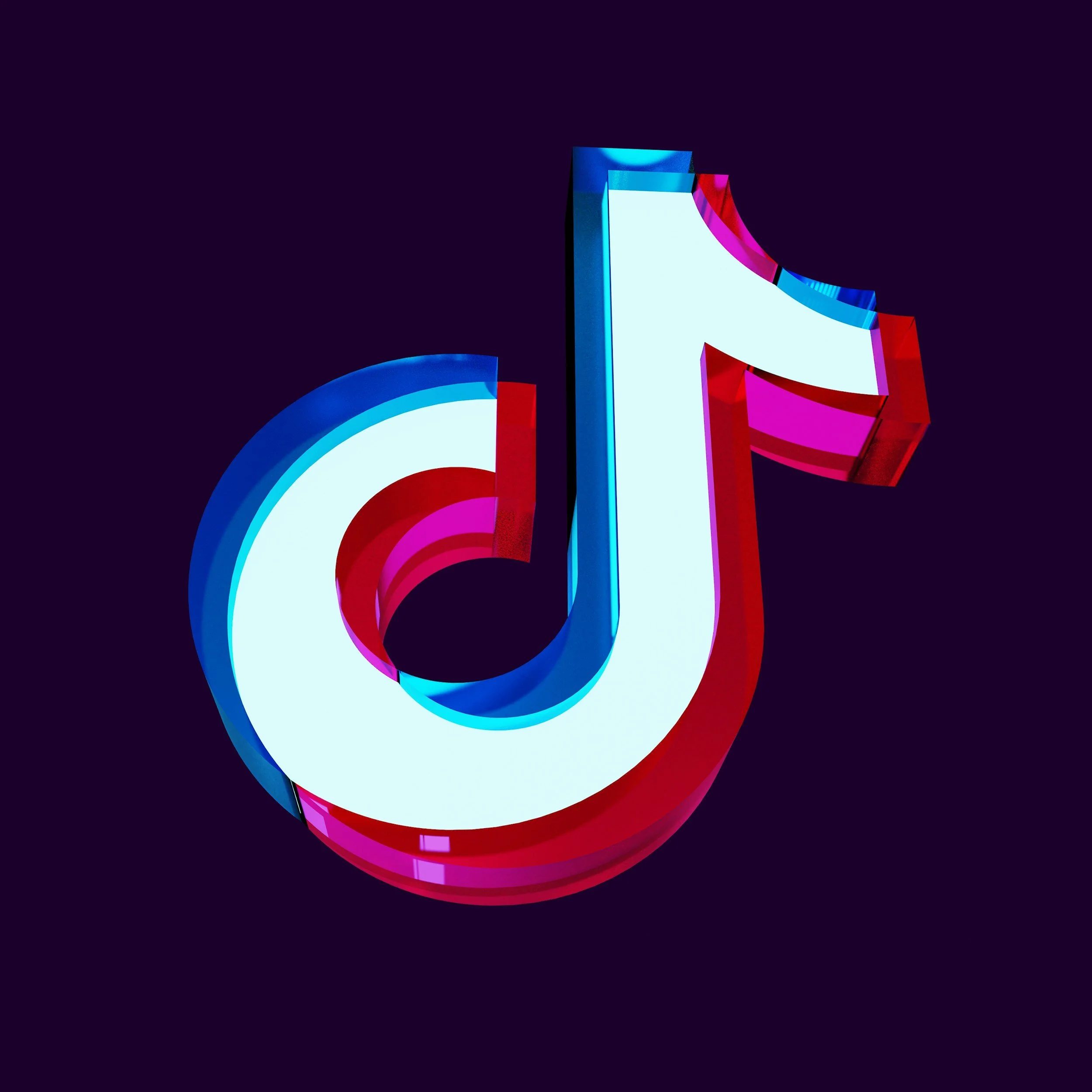 Digital 3D TikTok logo with red, blue, and white colors on a dark background.