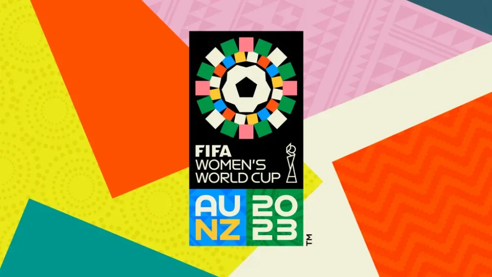 Logo for FIFA Women's World Cup 2023 in Australia and New Zealand, featuring a black rectangle with colorful circular design, the FIFA Women's World Cup trophy, and text with event location and year.