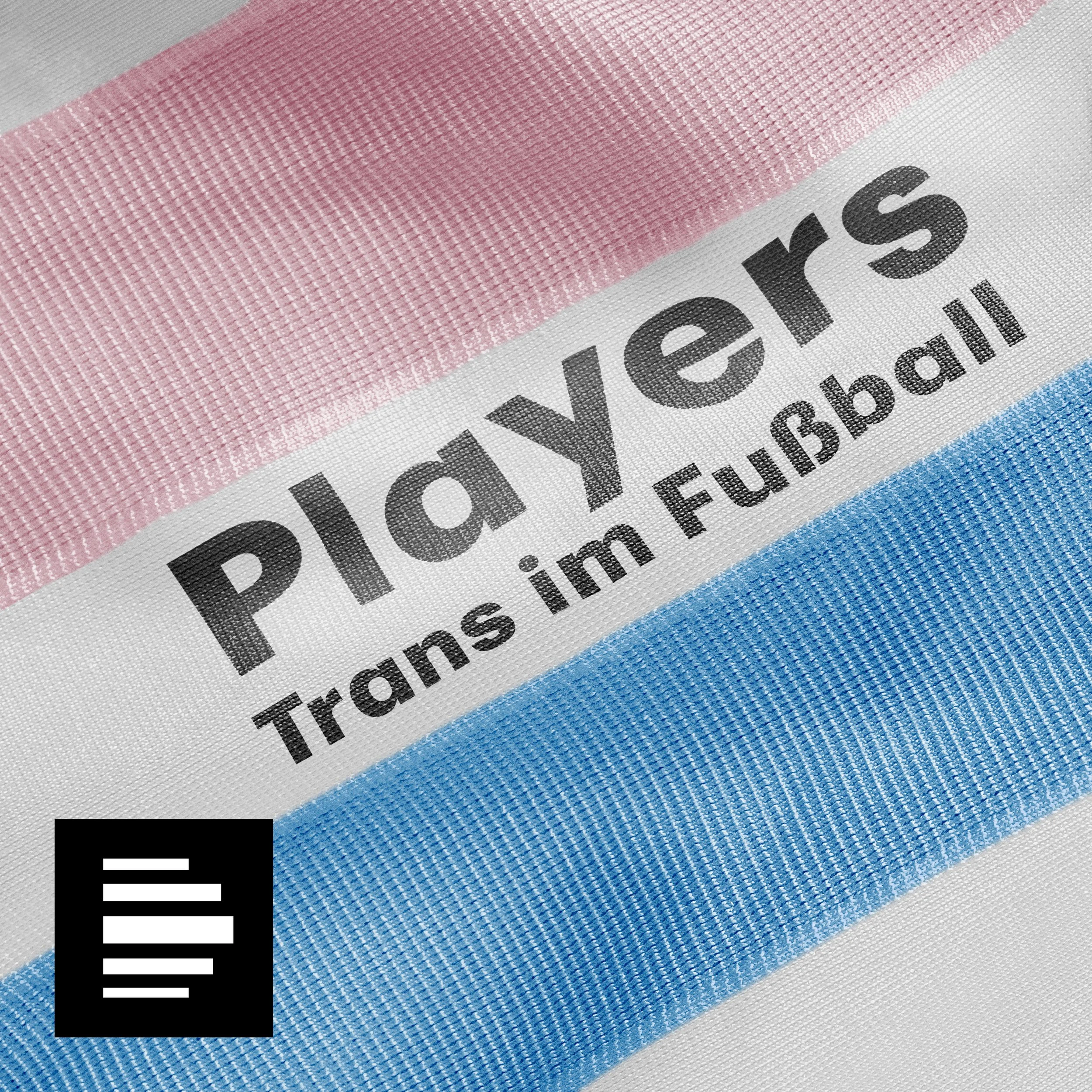 Close-up of a sports banner in pink, white, and blue colors with the text 'Playoffs' and 'Trans in Futsball'.