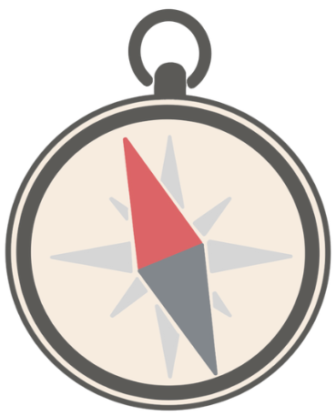 Illustration of a compass with a red and gray needle.