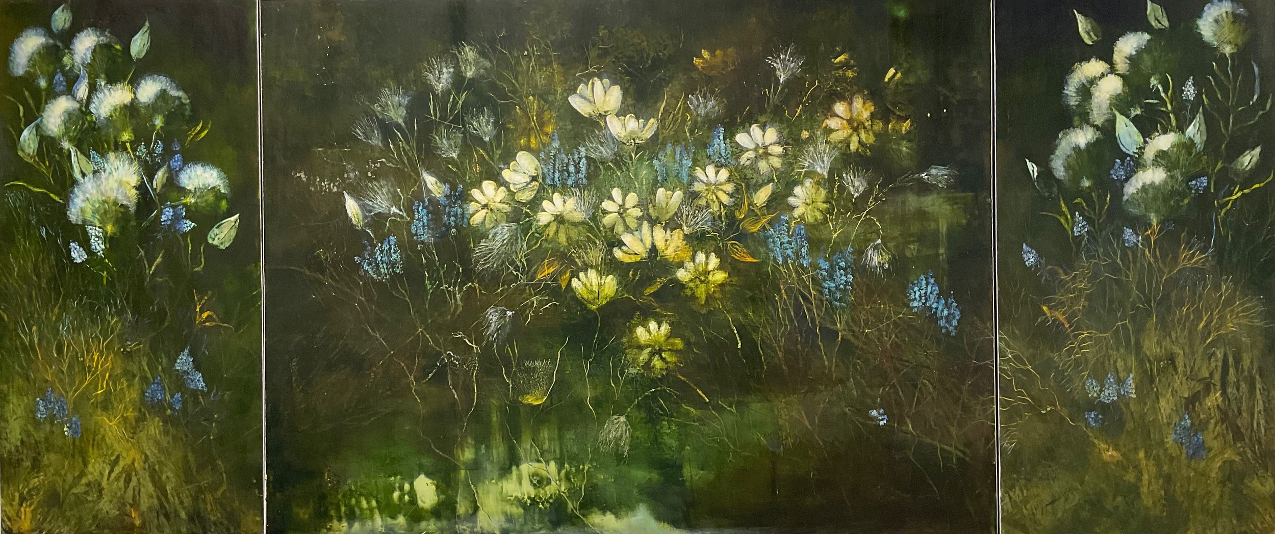 NIGHT GARDEN; 36x84in Triptych; $6950