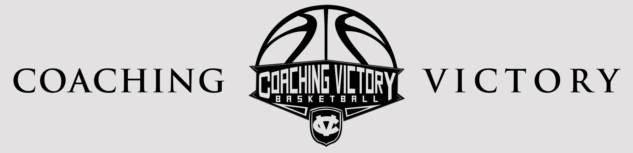 Logo for Coaching Victory Basketball with the words 'Coaching' on the left and 'Victory' on the right, and a basketball graphic with a banner that says 'Coaching Victory Basket' in the center.