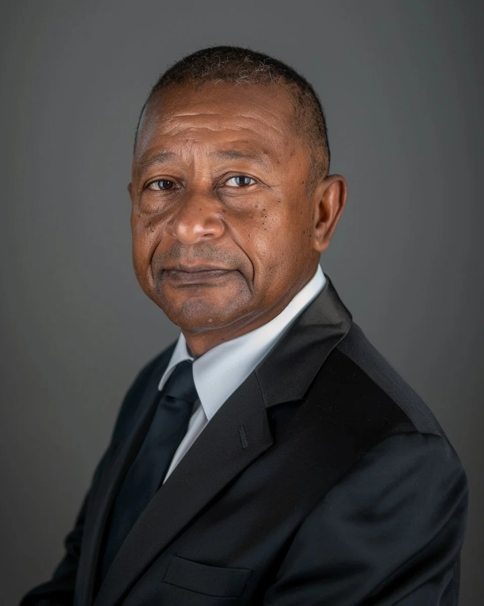 A middle-aged man in a black suit, white shirt, and black tie, posing against a gray background.
