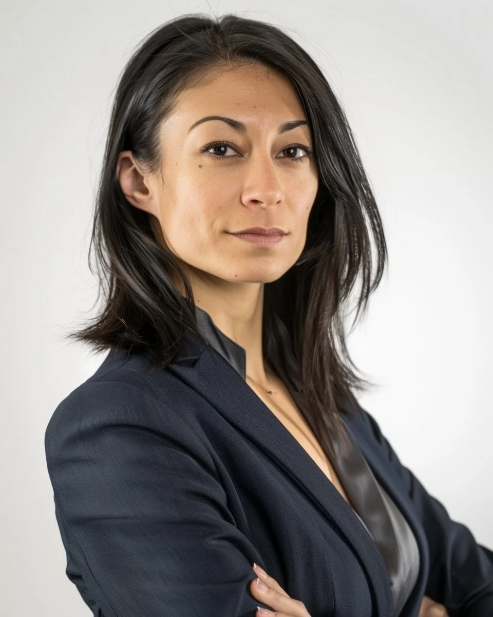 A woman with shoulder-length black hair, dressed in a navy blazer and a dark blouse, standing with her arms crossed against a plain light background.