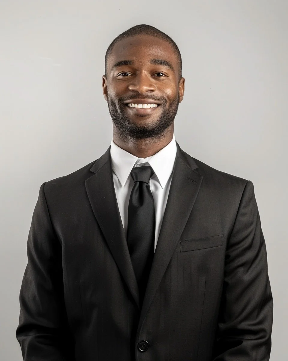 A smiling man wearing a black suit, white dress shirt, and black tie against a gray background.