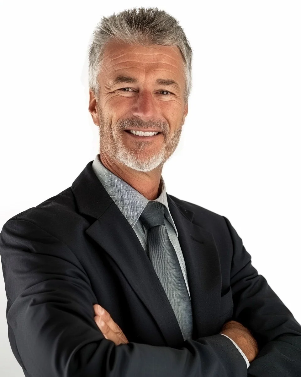 A confident middle-aged man with gray hair and beard, wearing a black suit, gray shirt, and gray tie, smiling with arms crossed against a white background.
