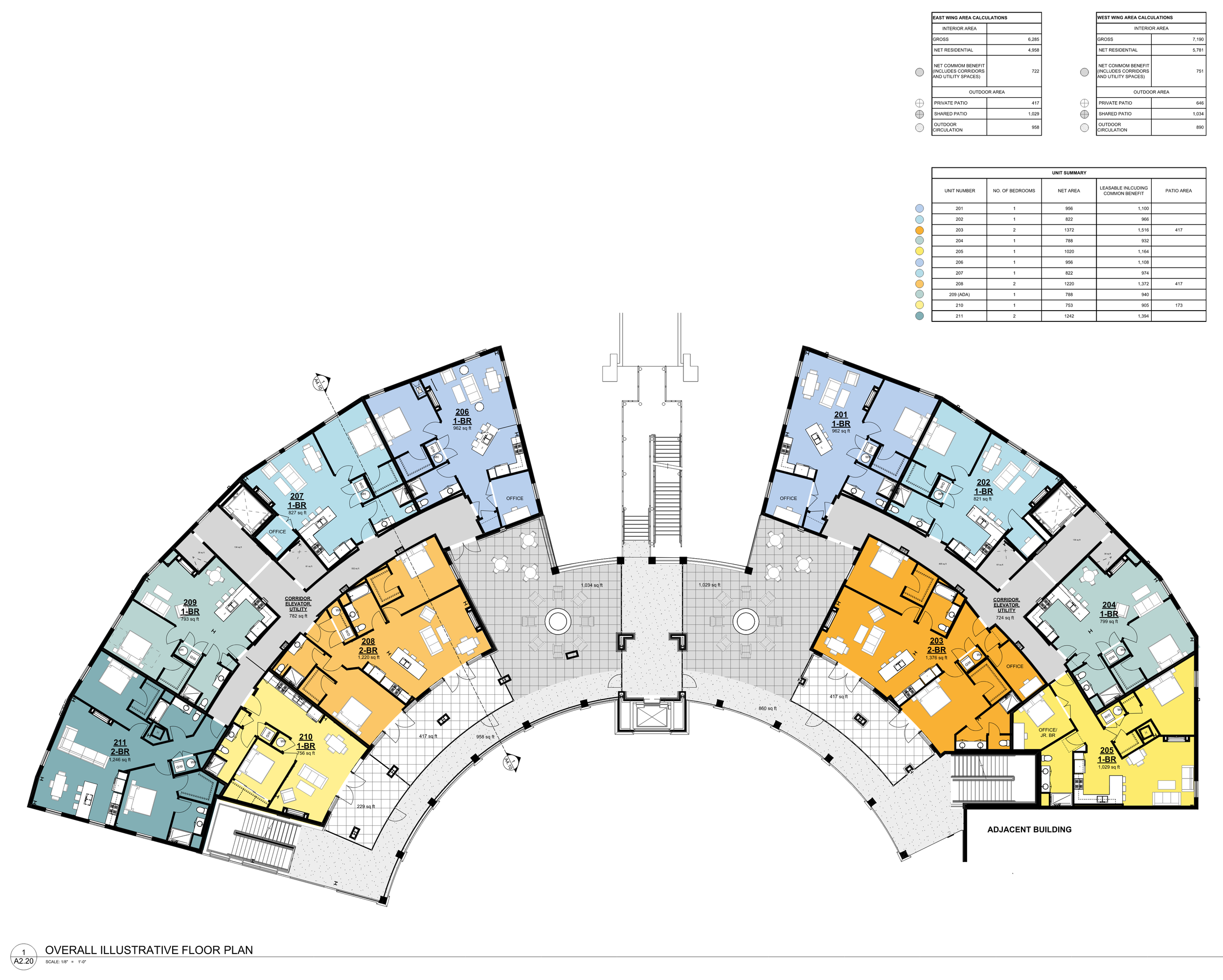 Renaissance Lofts at Colony Park, Ridgeland, MS.  Floor plan of an apartment building with color-coded units, balconies, and shared spaces, including a central entrance area.