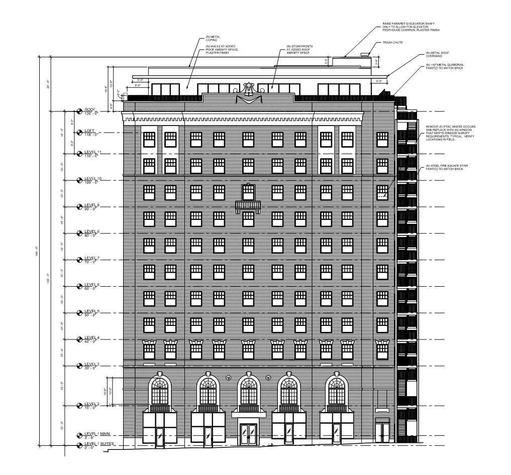 Architectural drawing of a multi-story building elevation with labeled floors, roof, and structural details.