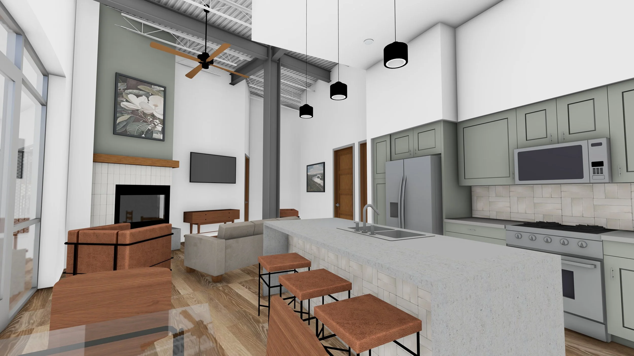 Open concept kitchen and living room with high ceilings, large windows, and modern decor. The kitchen features a white island with a sink, gray cabinets, and stainless steel appliances including a refrigerator, microwave, and stove. The living area h