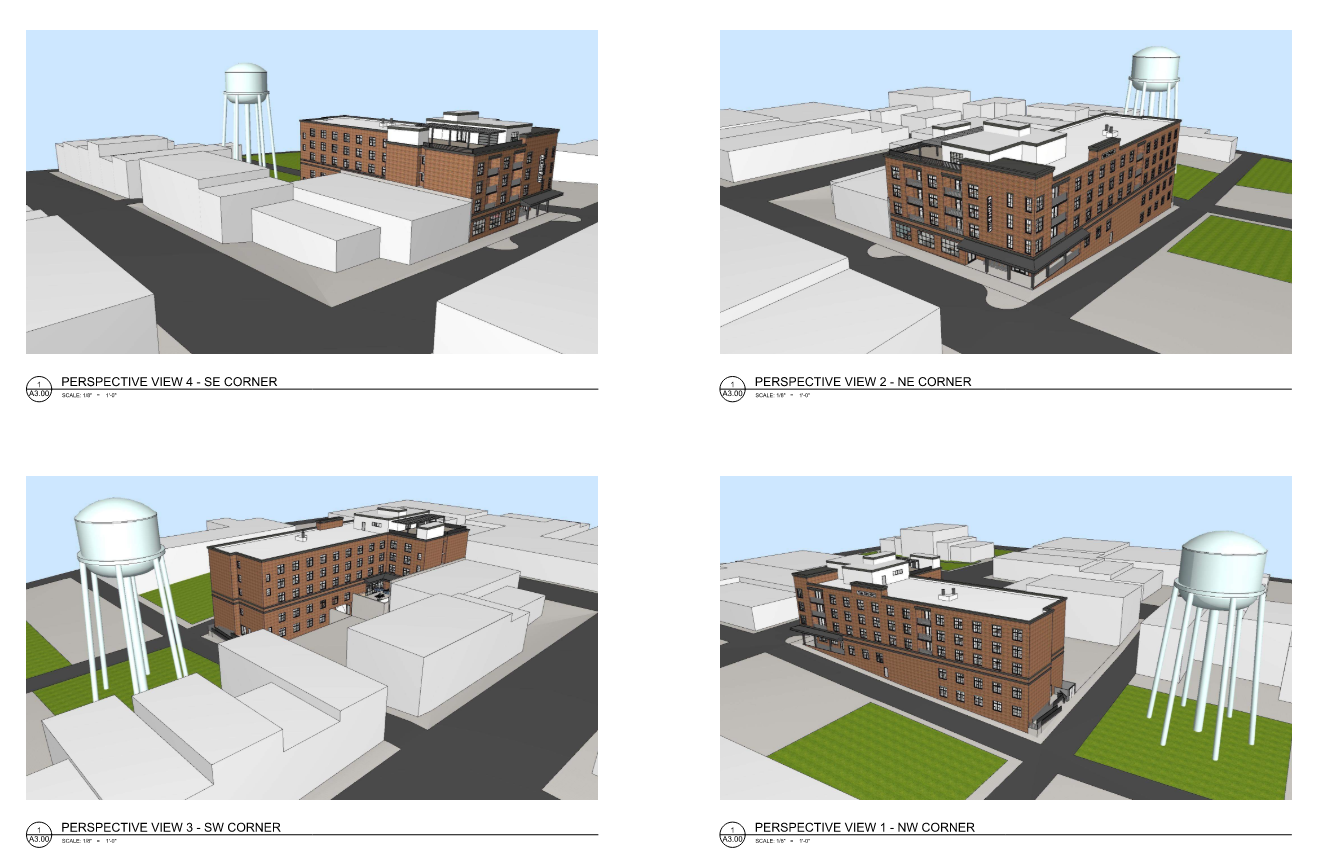 Architectural renderings of a multi-story brick building viewed from four different corners with surrounding streets, neighboring buildings, and a water tower.