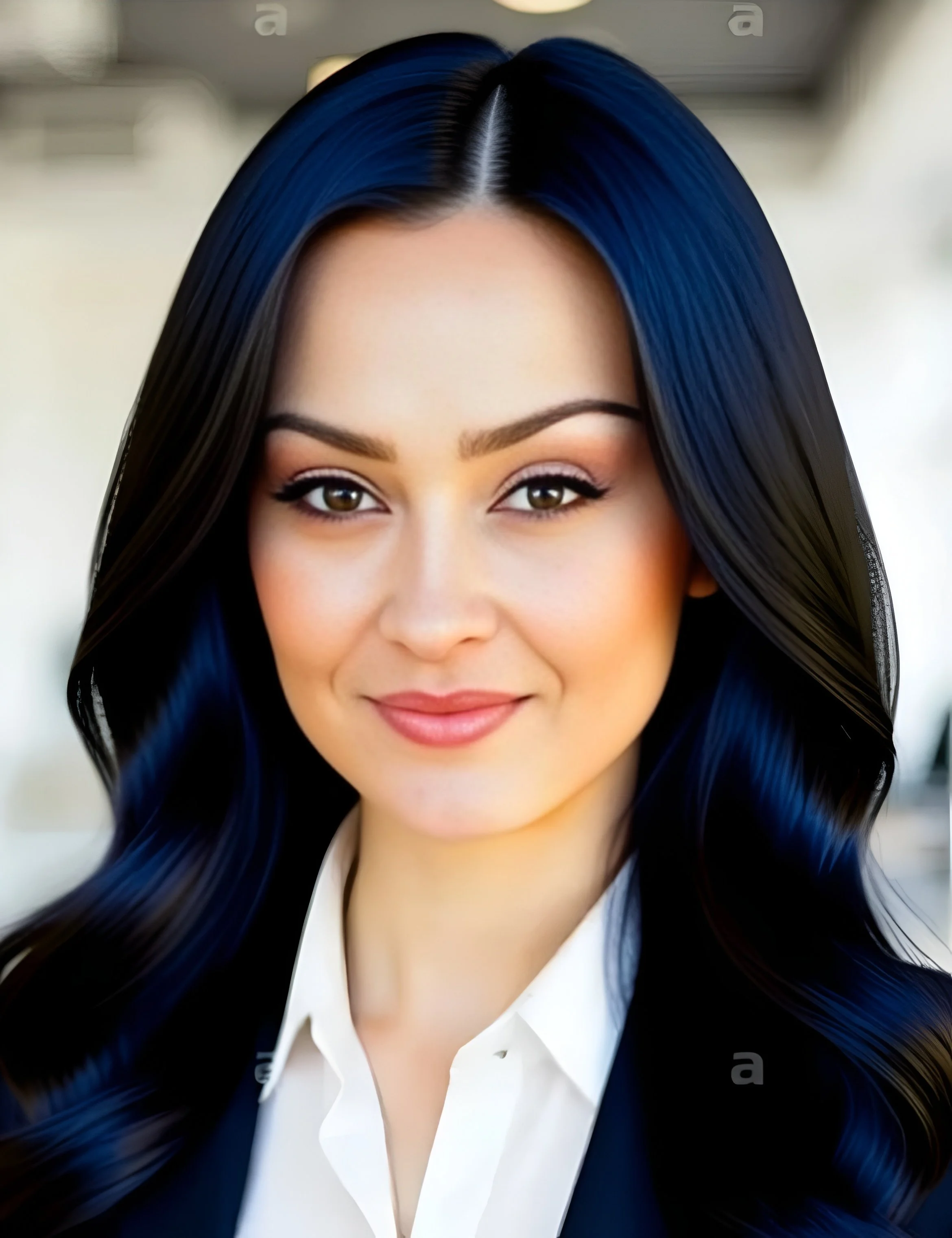 Close-up of a woman with long, wavy, dark hair, smiling, wearing makeup, a white shirt, and a dark blazer.